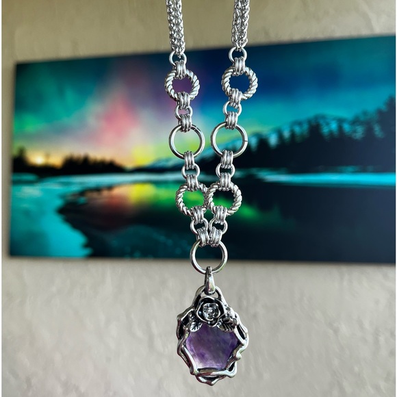 Silverskylight Jewelry - SOLD ON DEP steel necklace double chain purple amethyst gemstone flower charm